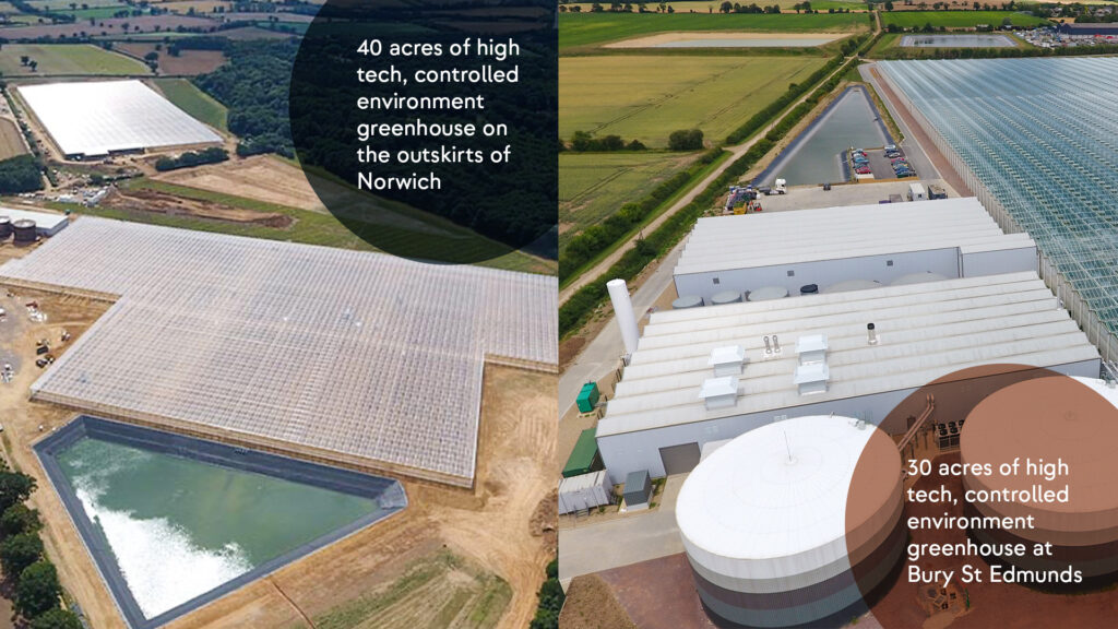 Split aerial view of the greenhouse sites in Norwich and Bury St Edmunds