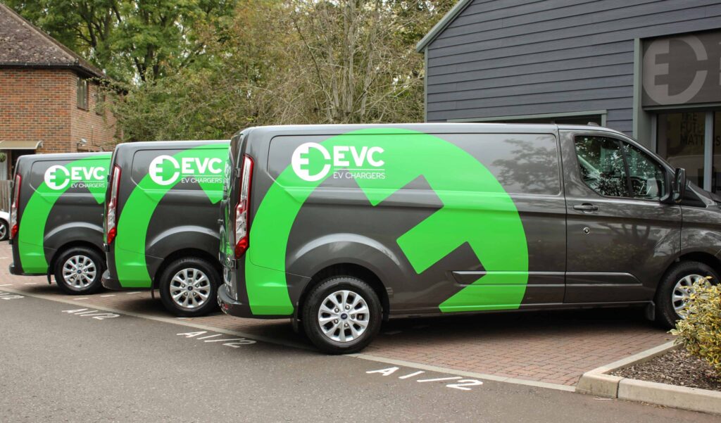 EVC Fleet of vans parked outside the headquarters