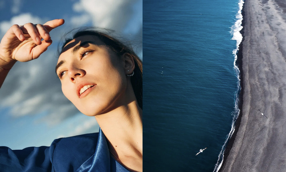 Plain Tiger brand lifestyle photo collage. A young woman sheilding her eyes from the sun. An aeriel phot of the summer shoreline.